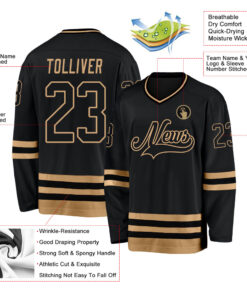 Custom Black Black-Old Gold Hockey Jersey Suit for daily life, Fabric: 95% polyester and 5% spandex, Regular fit, Stitch Color: automatically matched based on patterns