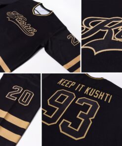 Custom Black Black-Old Gold Hockey Jersey Suit for daily life, Fabric: 95% polyester and 5% spandex, Regular fit, Stitch Color: automatically matched based on patterns