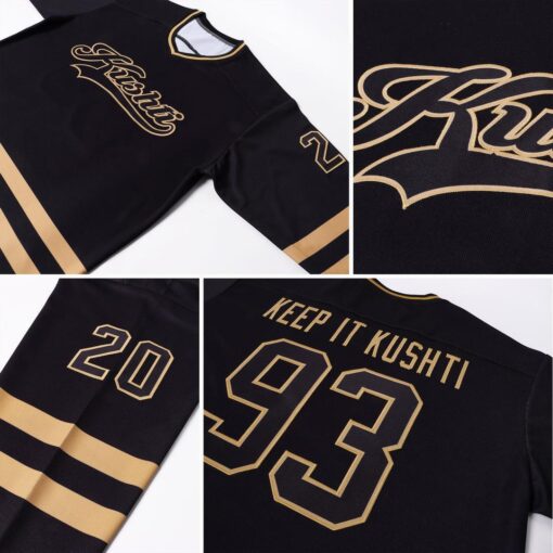 Custom Black Black-Old Gold Hockey Jersey Suit for daily life, Fabric: 95% polyester and 5% spandex, Regular fit, Stitch Color: automatically matched based on patterns