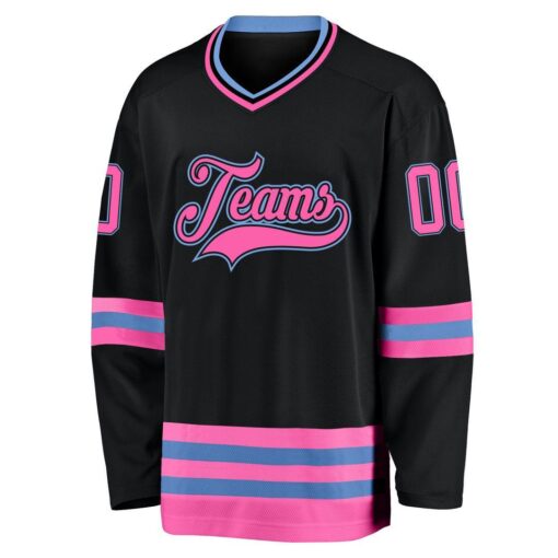 Custom Black Pink-Light Blue Hockey Jersey Suit for daily life, Fabric: 95% polyester and 5% spandex, Regular fit, Stitch Color: automatically matched based on patterns