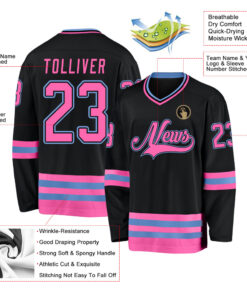 Custom Black Pink-Light Blue Hockey Jersey Suit for daily life, Fabric: 95% polyester and 5% spandex, Regular fit, Stitch Color: automatically matched based on patterns