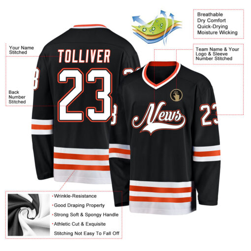 Custom Black White-Orange Hockey Jersey Suit for daily life, Fabric: 95% polyester and 5% spandex, Regular fit, Stitch Color: automatically matched based on patterns