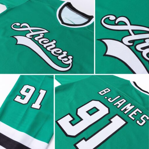 Custom Kelly Green White-Black Hockey Jersey Suit for daily life, Fabric: 95% polyester and 5% spandex, Regular fit, Stitch Color: automatically matched based on patterns