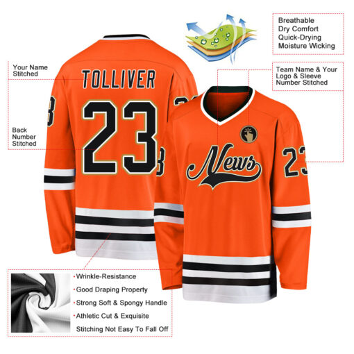 Custom Orange Black-White Hockey Jersey Suit for daily life, Fabric: 95% polyester and 5% spandex, Regular fit, Stitch Color: automatically matched based on patterns