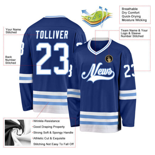 Custom Royal White-Light Blue Hockey Jersey Suit for daily life, Fabric: 95% polyester and 5% spandex, Regular fit, Stitch Color: automatically matched based on patterns